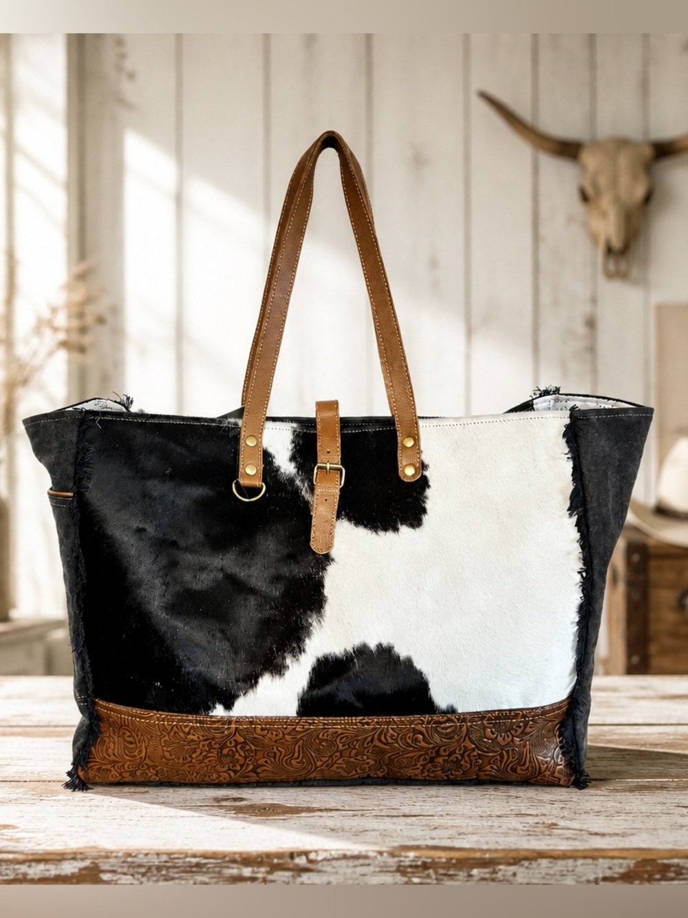 New Myra Western Cowhide Weekender Bag Leather Duffel Travel Carry-On Boho
